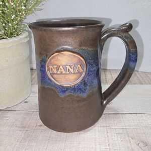 HANDCRAFTED POTTERY MUG WITH NANA HANDTHROWN BROWN BLUE SIGNED